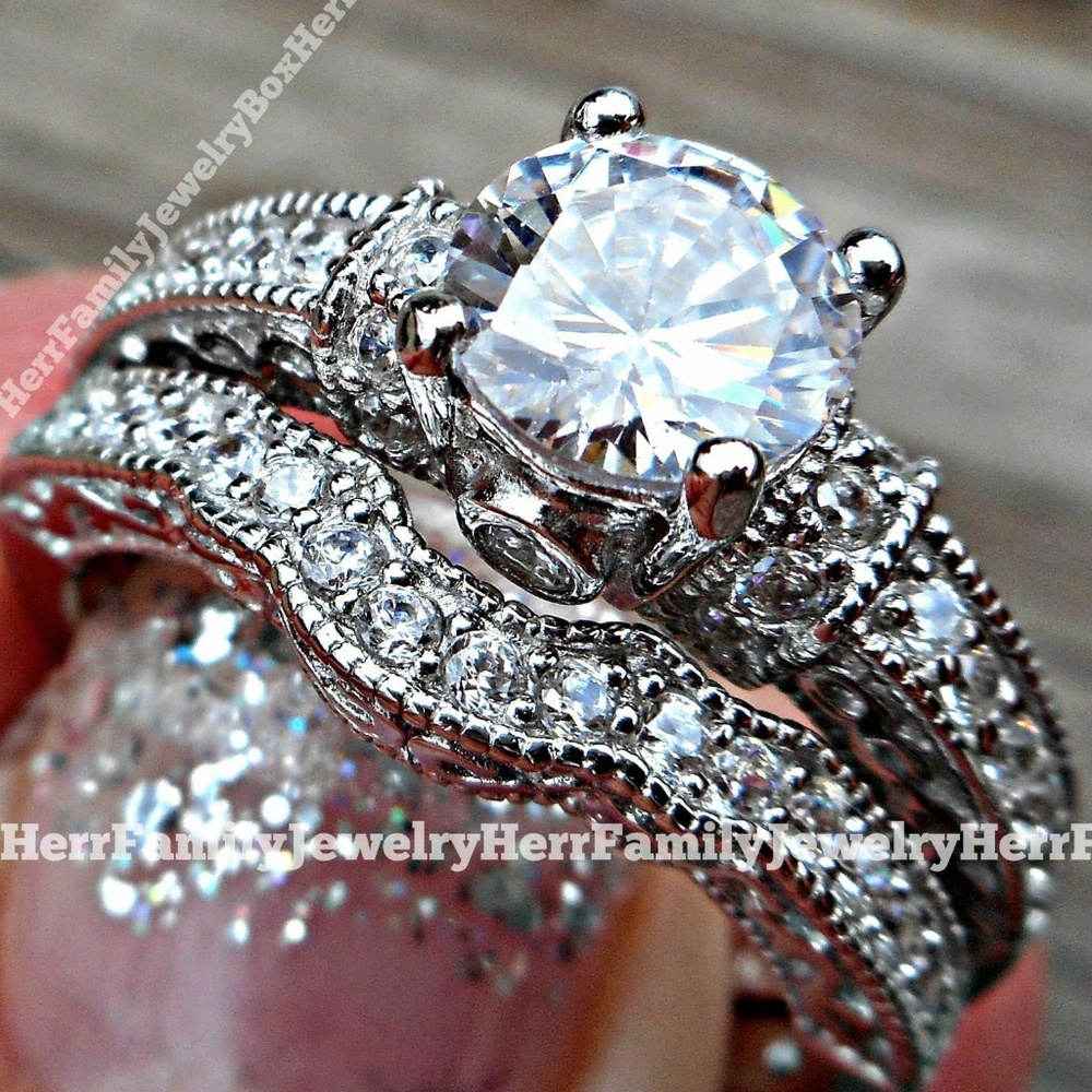 💍Silver Round cut 2pc Engagement Ring Wedding Set
